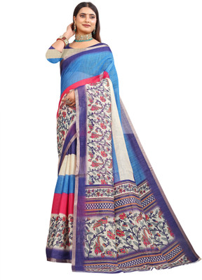 VISHNU Printed Kanjivaram Pure Cotton, Cotton Linen Saree(Blue)