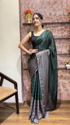 Bansari Textiles Solid/Plain Bollywood Nylon, Silk Blend Saree(Green, Grey)