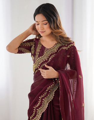 Satrani Embellished, Embroidered Bollywood Jimmy choo, Chiffon Saree(Maroon)