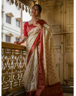 MIRMAN Woven Kanjivaram Pure Silk Saree(Beige)