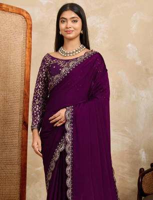Sinauli Solid/Plain, Embroidered Daily Wear Georgette, Silk Blend Saree(Purple)