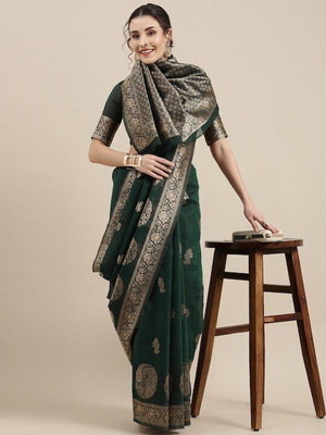 Soor Panchi Woven Banarasi Cotton Linen Saree(Green)