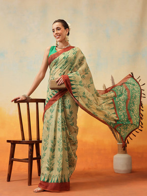 SILK ZONE Digital Print Pre Draped Saree Cotton Blend Saree(Beige)