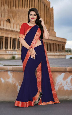 Volmina Solid/Plain Chanderi Cotton Blend Saree(Dark Blue)