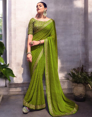 Divastri Striped, Embellished Bandhani Georgette Saree(Green, Gold)