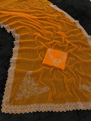 VarniRaaj Fashion Embellished, Geometric Print Bollywood Organza Saree(Light Blue)