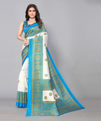 Priyashi Printed Mysore Art Silk Saree(Light Blue, White)