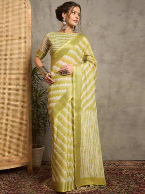 Tasrika Printed Hand Batik Linen Saree(Light Green)