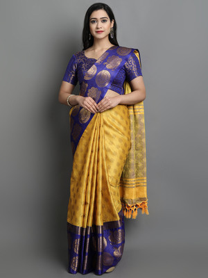 HouseOfCommon Woven, Checkered, Embellished, Self Design Dharmavaram Jacquard, Cotton Silk Saree(Yellow)