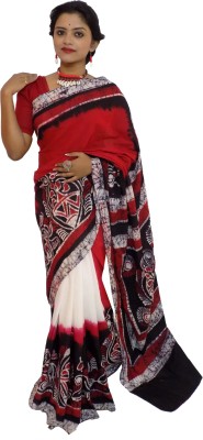 KheyaliBoutique Hand Painted Hand Batik Pure Cotton Saree(Red, White)