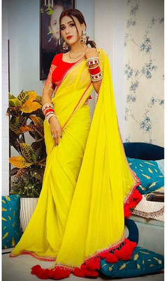 HouseOfCommon Solid/Plain Bollywood Georgette Saree(Light Green)