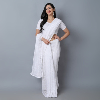 NG CREATION Self Design Bollywood Net Saree(White)
