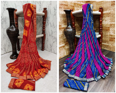 Kanooda Prints Printed Bandhani Georgette Saree(Pack of 2, Multicolor)