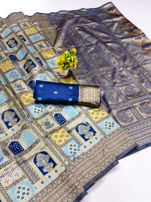 het designer studio Floral Print, Applique, Blocked Printed, Embroidered, Woven, Self Design Banarasi Art Silk Saree(Light Blue)