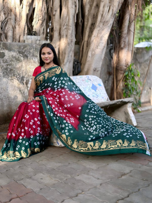 S.R.TEXTILES Printed Bandhani Art Silk Saree(Green, Red)