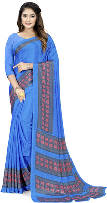 Bansi Ecom Printed, Temple Border Daily Wear Crepe, Silk Blend Saree(Blue)