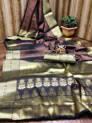 PHEASANT Printed, Woven, Embellished, Applique, Dyed Kanjivaram Jacquard, Art Silk Saree(Black)