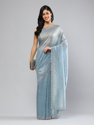 Meena Bazaar Woven Bollywood Organza Saree(Blue)