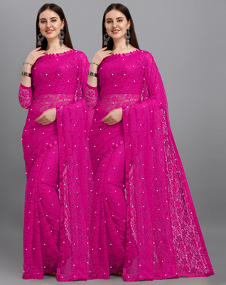 LOROFY Self Design Bollywood Net Saree(Pack of 2, Pink)