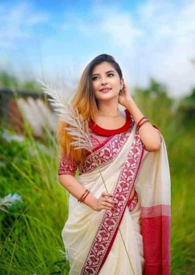BiswasTextiles Self Design Tant Pure Cotton Saree(Cream)