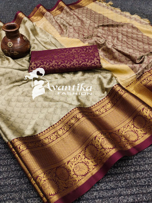 AVANTIKA FASHION Printed, Temple Border, Woven, Embellished, Solid/Plain Banarasi Art Silk, Cotton Silk Saree(Maroon, Cream)