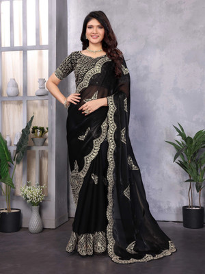 RHEY Embellished, Embroidered Bollywood Jimmy choo, Chiffon Saree(Black)