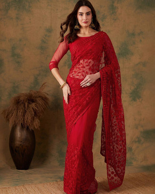 zili Embroidered Bollywood Net Saree(Red)