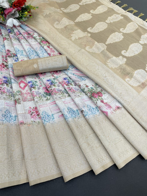 Sanskriti Synthetics Floral Print Handloom Polyester Saree(Cream)