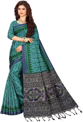 Bhadra Printed Sambalpuri Pure Cotton Saree(Light Blue)