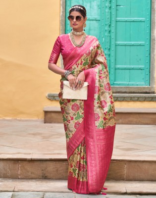 Divastri Woven, Digital Print, Striped Kanjivaram Art Silk Saree(Beige, Pink, Gold)