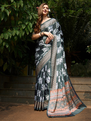 Tasrika Digital Print Hand Batik Crepe Saree(Grey)