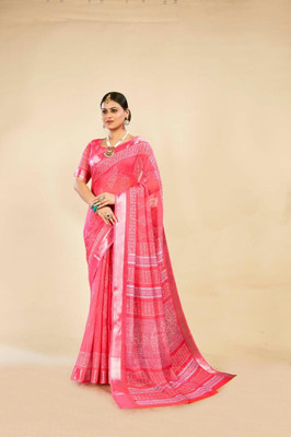 VTEXX Digital Print Saree with Attached Blouse Cotton Linen Saree(Red)
