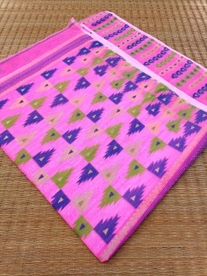 Happy Creation Woven, Temple Border Jamdani Handloom Cotton Blend, Jacquard Saree(Yellow)