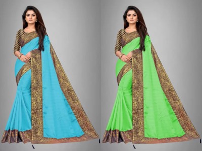 ONTIC LIFESTYLE Printed Bollywood Art Silk Saree(Pack of 2, Blue, Green)