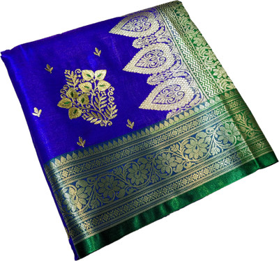 satrangi creation Embroidered Banarasi Satin Saree(Blue)