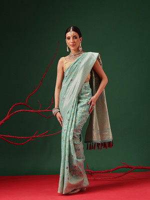 SILK ZONE Woven Jamdani Cotton Blend Saree(Light Blue)