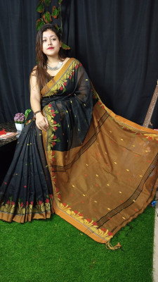 rinasareehouse Woven Handloom Cotton Silk Saree(Black, Cream)