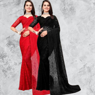 Vragi Floral Print Bollywood Net Saree(Pack of 2, Multicolor)