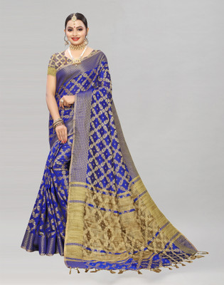 Samah Woven, Embellished Kanjivaram Jacquard, Pure Silk Saree(Blue)
