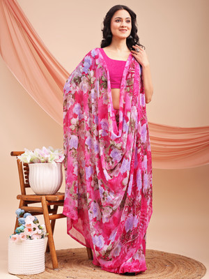 Leelavati Printed Bollywood Chiffon Saree(Pink)