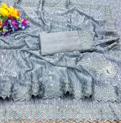 AKFABRICS Embellished Bollywood Lycra Blend Saree(Grey)
