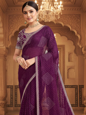 all about you Embroidered Bandhani Georgette Saree(Purple)