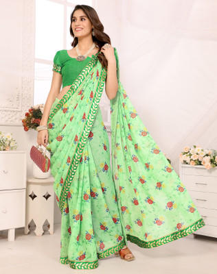 YASHIKA Printed Bollywood Georgette, Lace Saree(Green)