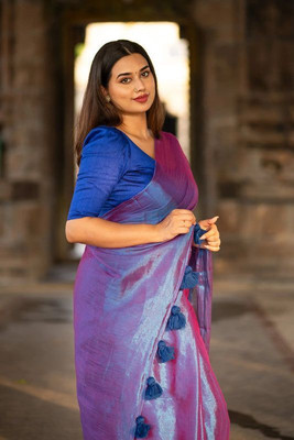 sareen Self Design Bollywood Tissue, Pure Silk Saree(Purple, Blue)