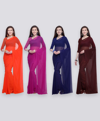 Anand Sarees Solid/Plain Bollywood Chiffon Saree(Pack of 4, Dark Blue, Brown, Pink, Orange)