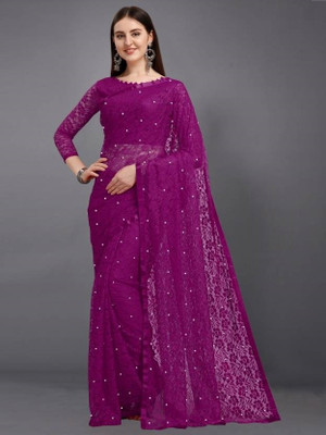 Anugrah Textile Solid/Plain Banarasi Lycra Blend, Chiffon Saree(Purple)