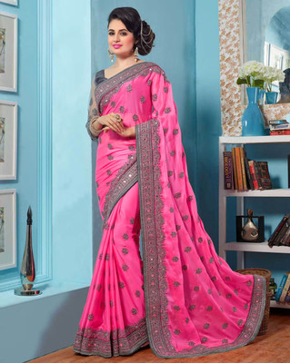 b bella creation Embroidered, Embellished Bollywood Art Silk Saree(Pink)