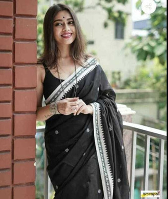 SMRITI HANDLOOM Solid/Plain Daily Wear Pure Cotton Saree(Black)