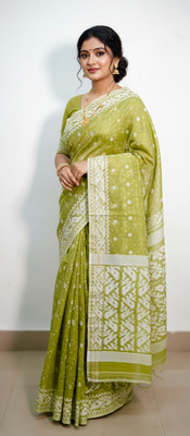 J R B Woven Saree with Attached Blouse Handloom Cotton Blend Saree(Light Green)