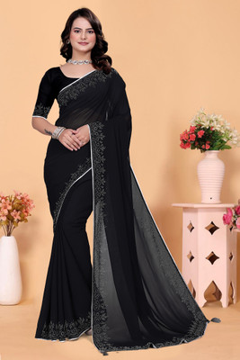 trendify Solid/Plain Bollywood Georgette Saree(Black)